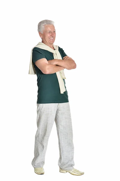 Полный Портрет Пожилого Человека Позирующего Белом Фоне — стоковое фото