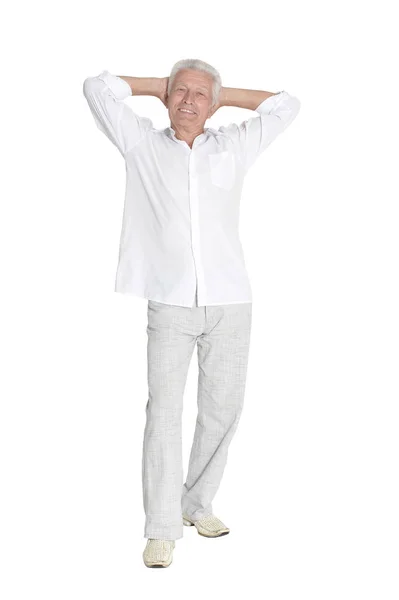 Portrait Complet Homme Âgé Posant Isolé Sur Fond Blanc — Photo
