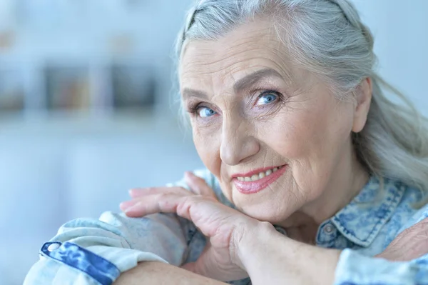 Close Portrait Happy Mature Woman Home — Stock Photo, Image