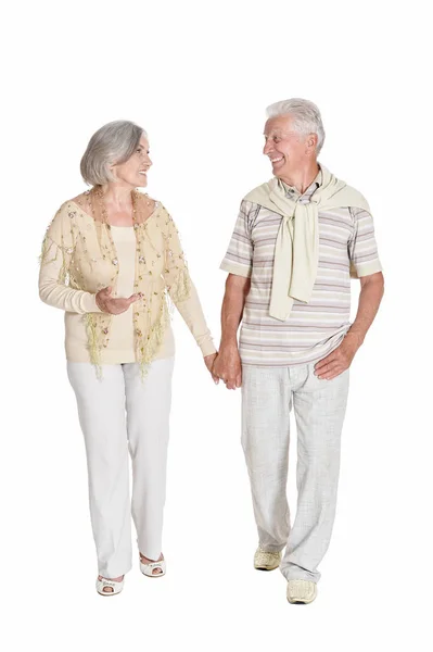 Full Length Portrait Senior Couple Holding Hands Isolated White Background — Stock Photo, Image
