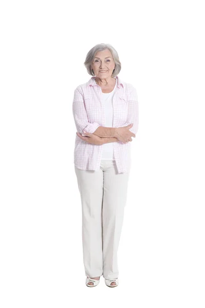 Happy Senior Woman Posing Isolated White Background — Stock Photo, Image