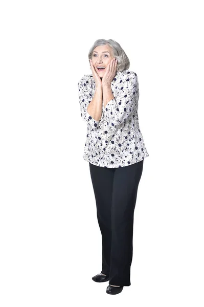 Volle Länge Glücklich Ältere Frau Posiert Isoliert Auf Weißem Hintergrund — Stockfoto