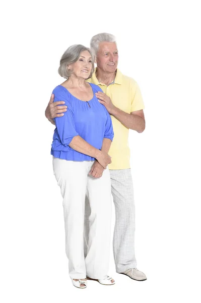 Full Length Portrait Senior Couple Embracing Isolated White Background — Stock Photo, Image