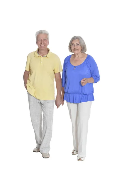 Retrato Comprimento Total Casal Sênior Mãos Isoladas Fundo Branco — Fotografia de Stock