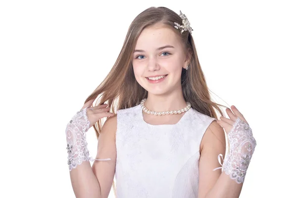 Niña Feliz Hermoso Vestido Blanco Posando Aislado Sobre Fondo Blanco —  Fotos de Stock