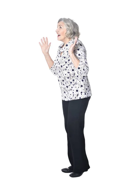 Полный Рост Счастливая Удивленная Пожилая Женщина Изолированная Белом — стоковое фото