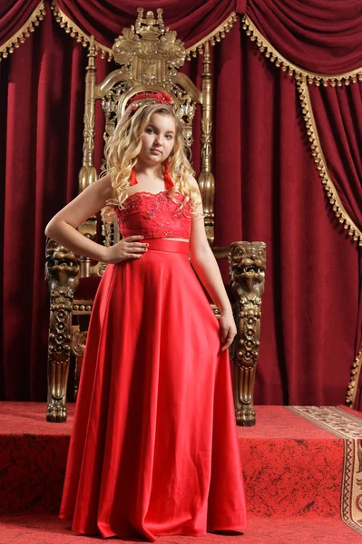 Blonde Teenage Girl Bright Red Dress Standing Front Vintage Chair — Stock Photo, Image