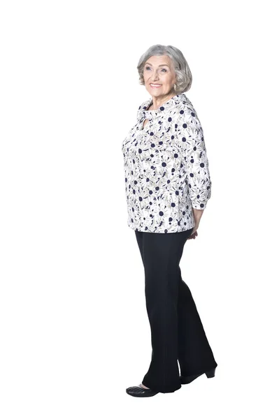 Full Length Happy Senior Woman Posing Isolated White Background — Stock Photo, Image