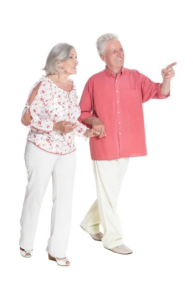 Full Length Portrait Senior Couple Holding Hands Isolated White Background Stock Image