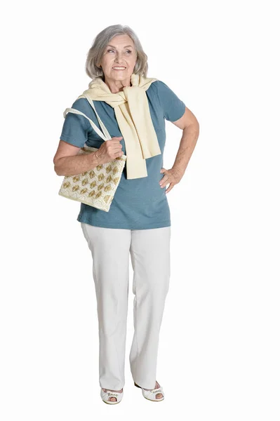 Full Length Happy Senior Woman Posing Isolated White — Stock Photo, Image