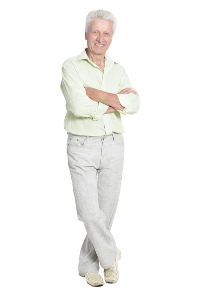 Ritratto Figura Intera Uomo Anziano Posa Isolato Sfondo Bianco — Foto Stock