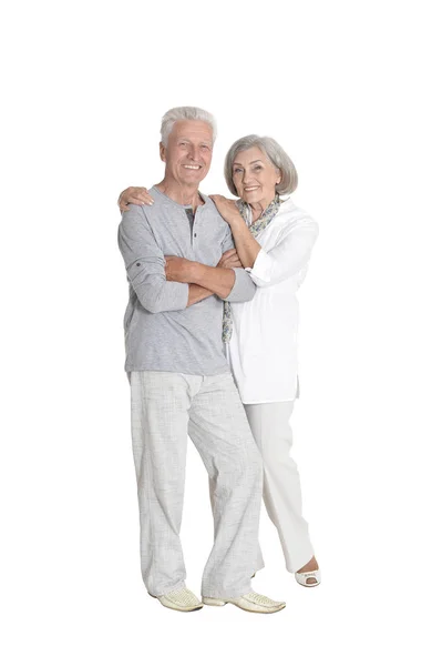 Retrato Comprimento Total Casal Sênior Abraçando Isolado Fundo Branco — Fotografia de Stock