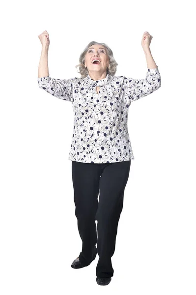 Full Length Happy Senior Woman Posing Isolated White Background — Stock Photo, Image