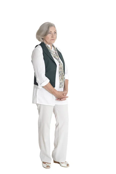 Full Längd Allvarliga Senior Kvinna Poserar Isolerade Vit — Stockfoto
