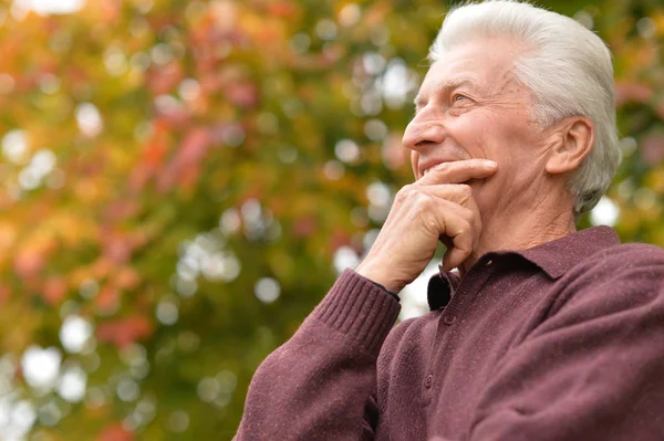 Close Portrait Senior Man Posing Blurred Autumn Park Background — Stock Photo, Image