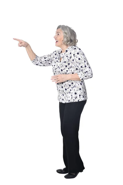 Full Length Happy Senior Woman Pointing Isolated White — Stock Photo, Image