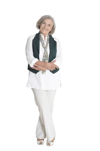 Volledige Lengte Gelukkig Senior Vrouw Poseren Geïsoleerde Wit — Stockfoto