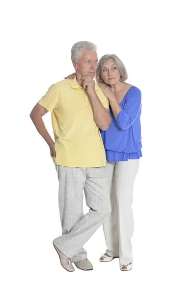 Full Length Portrait Senior Couple Embracing Isolated White Background — Stock Photo, Image
