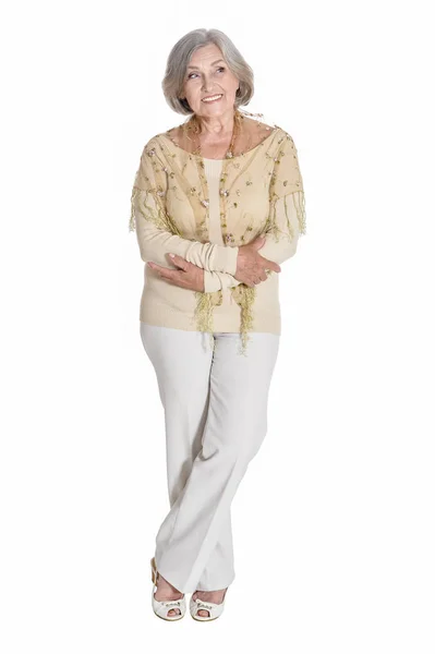 Full Length Happy Senior Woman Posing Isolated White — Stock Photo, Image