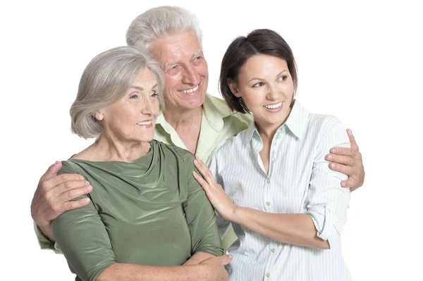 Lyckliga Senior Föräldrar Med Dotter Isolerad Vit — Stockfoto