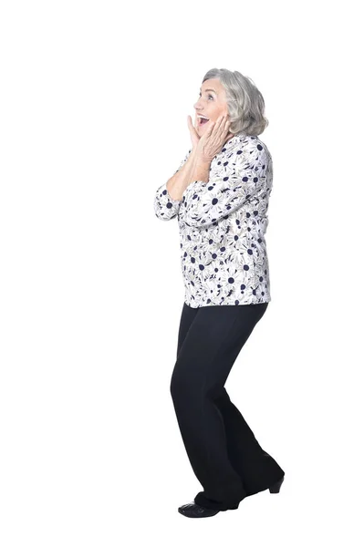 Full Length Happy Senior Woman Posing Isolated White Background — Stock Photo, Image