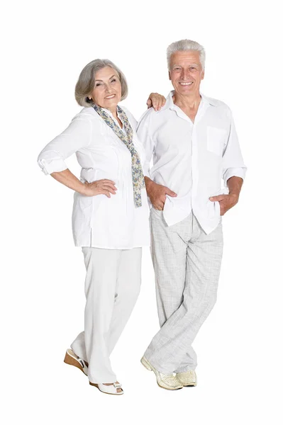 Full Length Portrait Senior Couple Posing Isolated White Background — Stock Photo, Image