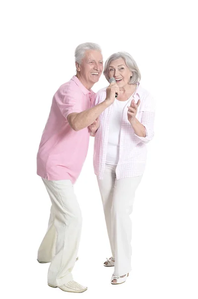 Full Length Portrait Senior Couple Singing Isolated White Background — Stock Photo, Image
