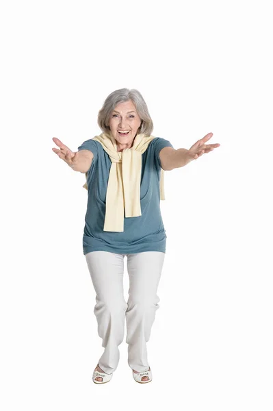 Full Length Happy Senior Woman Posing Isolated White — Stock Photo, Image