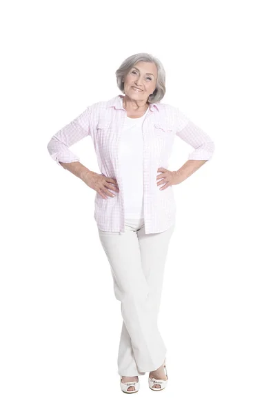 Longitud Completa Mujer Mayor Feliz Posando Aislado Sobre Fondo Blanco — Foto de Stock