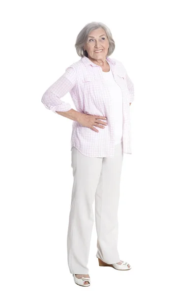 Full Length Happy Senior Woman Posing Isolated White Background — Stock Photo, Image