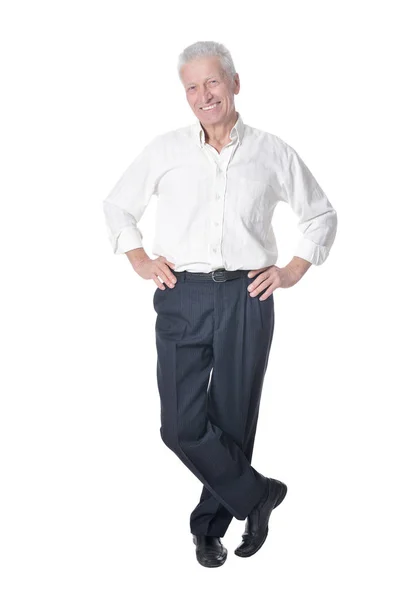 Portret Van Volledige Lengte Van Senior Man Poseren Geïsoleerd Witte — Stockfoto