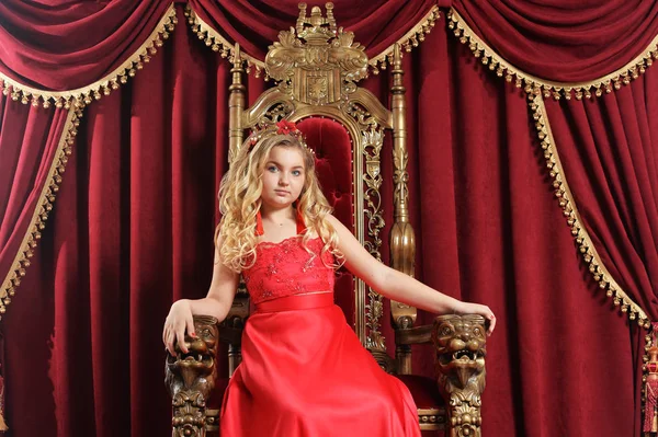 Blonde Teenage Girl Bright Red Dress Sitting Vintage Chair Red — Stock Photo, Image