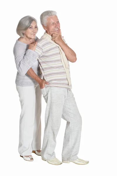 Full Length Portrait Senior Couple Posing Isolated White Background — Stock Photo, Image