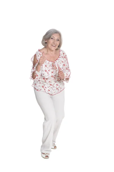 Full Length Portrait Beautiful Senior Woman Showing Thumbs Isolated White — Stock Photo, Image