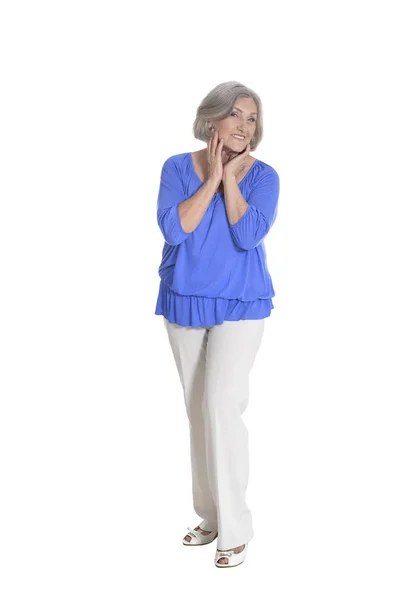 Full Length Happy Senior Woman Posing Isolated White — Stock Photo, Image