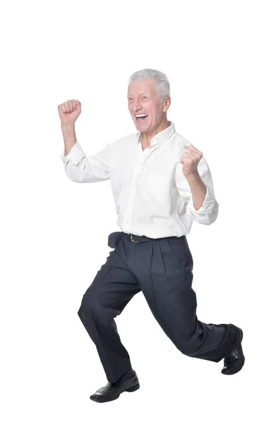 Celé Délce Portrét Šťastný Starší Muž Představuje Izolované Bílém Pozadí — Stock fotografie