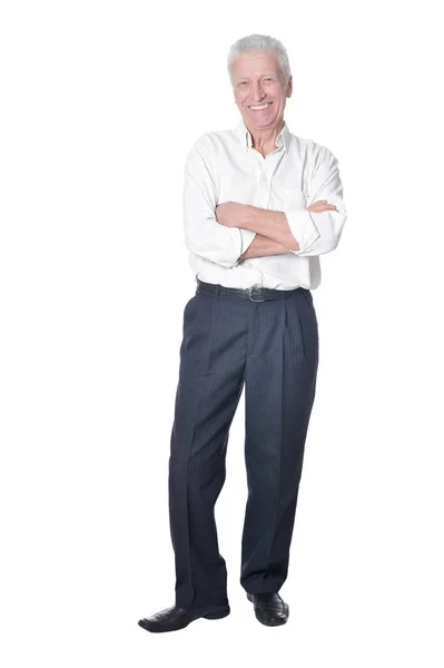 Retrato Comprimento Total Homem Sênior Posando Isolado Fundo Branco — Fotografia de Stock