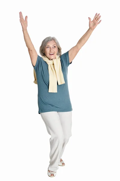 Full Length Happy Senior Woman Posing Hands Isolated White — Stock Photo, Image