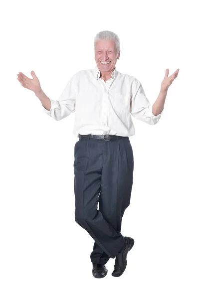 Portret Van Volledige Lengte Van Senior Man Poseren Geïsoleerd Witte — Stockfoto