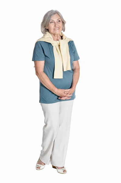 Полный Рост Счастливая Пожилая Женщина Позирует Изолированная Белом — стоковое фото
