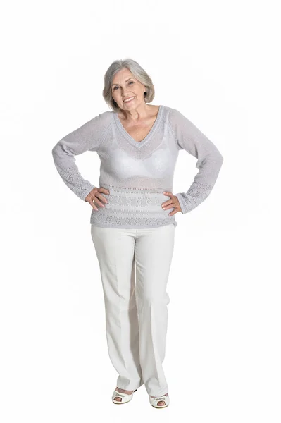 Larga Duración Mujer Mayor Feliz Posando Aislado Blanco —  Fotos de Stock