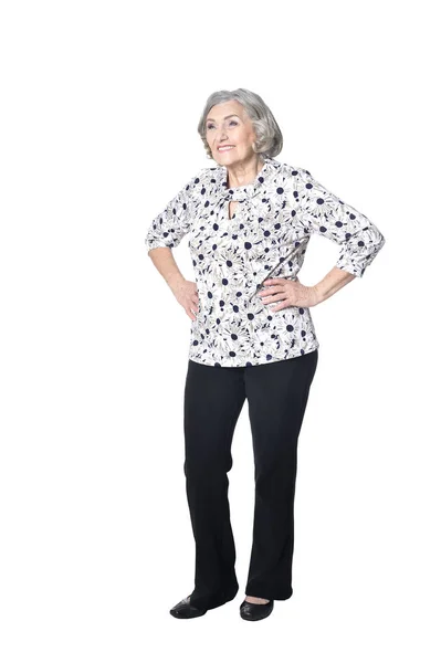Volledige Lengte Gelukkig Senior Vrouw Poseren Geïsoleerd Witte Achtergrond — Stockfoto