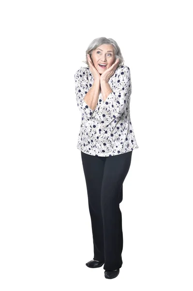 Volledige Lengte Gelukkig Senior Vrouw Poseren Geïsoleerd Witte Achtergrond — Stockfoto