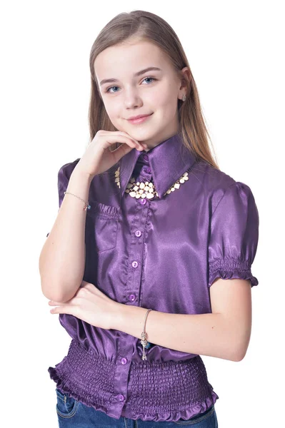 Feliz Chica Adolescente Blusa Púrpura Posando Aislado Sobre Fondo Blanco —  Fotos de Stock
