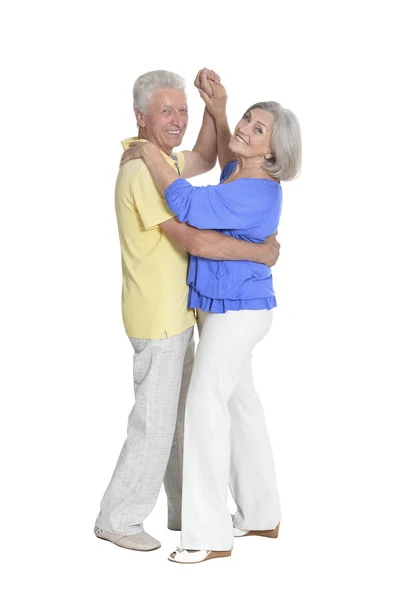 Retrato Comprimento Total Casal Sênior Dançando Isolado Fundo Branco — Fotografia de Stock