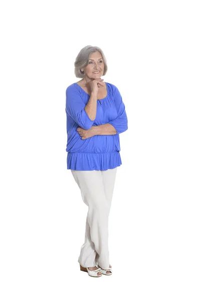 Volledige Lengte Gelukkig Senior Vrouw Poseren Geïsoleerde Wit — Stockfoto