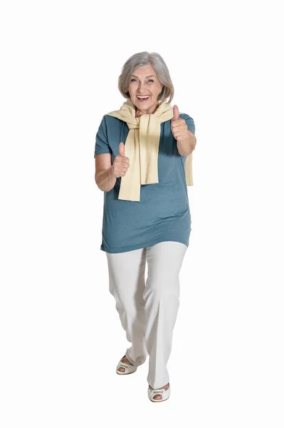 Plné Délky Šťastný Starší Žena Palec Nahoru Izolované Bílém — Stock fotografie
