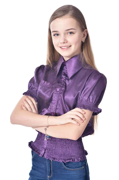 Feliz Chica Adolescente Blusa Púrpura Posando Aislado Sobre Fondo Blanco — Foto de Stock