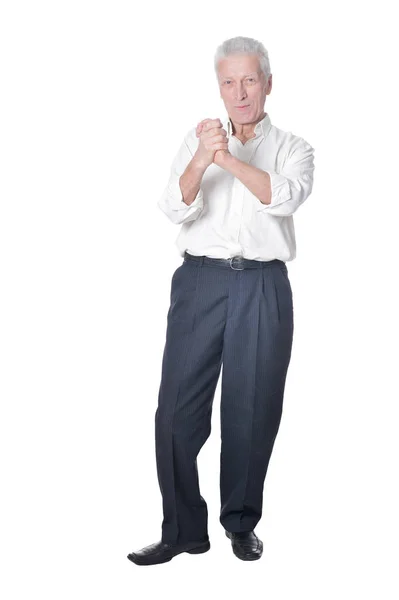 Ganzkörperporträt Eines Älteren Mannes Mit Handschlag Geste Auf Weißem Hintergrund — Stockfoto