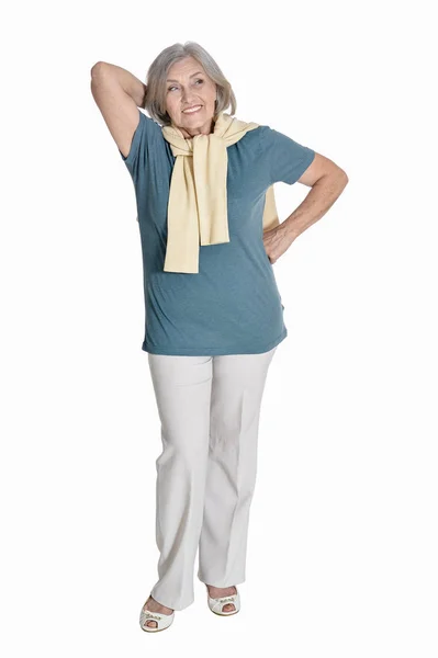 Larga Duración Mujer Mayor Feliz Posando Aislado Blanco —  Fotos de Stock